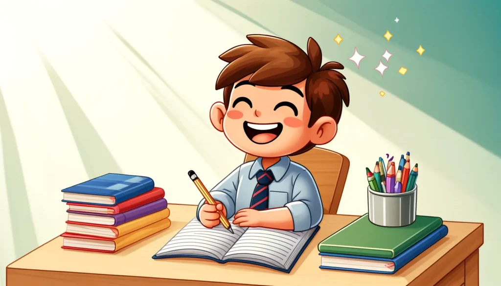 DALL·E 2024 04 11 11.15.18 A cartoon depiction of a joyful child studying at a desk showcasing a wide smile as they look at their books and notes. The desk is organized with sc