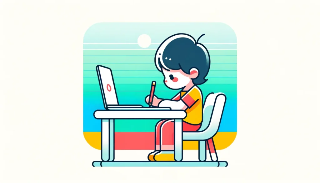 DALL·E 2024 04 18 09.16.55 A minimalist yet colorful cartoon style graphic of a young child learning to write while watching a video. The child depicted with simple lines and v