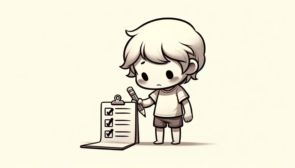 DALL·E 2024 05 23 09.04.33 A highly minimalist 16 9 cartoon drawing of a sad kid marking a checkmark. The kid is depicted with simple lines looking downcast while holding a pen 1