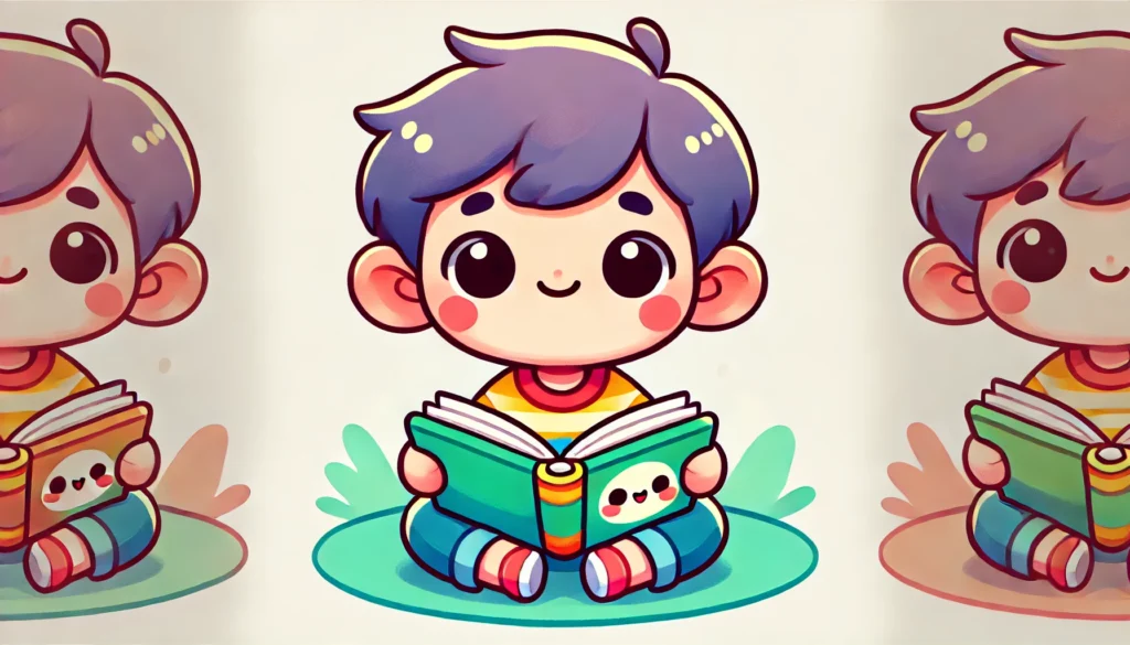 DALL·E 2024 07 25 12.30.26 A cute cartoon illustration of a kid reading a book. The kid has an adorable round face with a big smile bright eyes and short hair. They are sitti