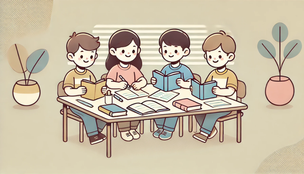 DALL·E 2024 08 15 08.31.52 A minimalist cartoon illustration of a group of kids studying together. The kids are sitting at a simple table with a few books and notebooks spread o