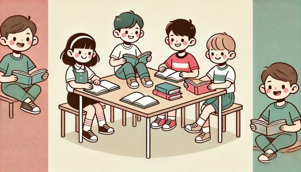 DALL·E 2024 08 29 09.06.04 A minimalist cartoon illustration of a group of kids studying together. The kids are sitting at a simple table with a few books and notebooks spread o