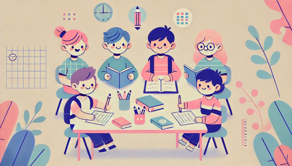 DALL·E 2024 10 10 09.27.37 A minimalist cartoon illustration of a group of kids studying together in a 16 9 frame. The children are sitting at a simple table with books noteboo